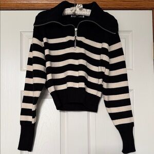 Zara Black and Cream Striped Zip Front Sweater M